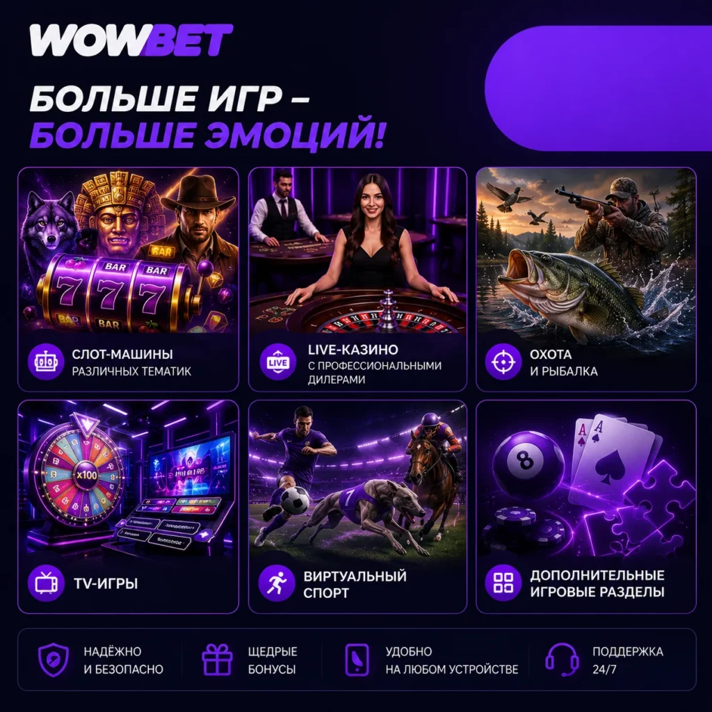 Игровые разделы WOWBET с казино, Live и виртуальным спортом.
