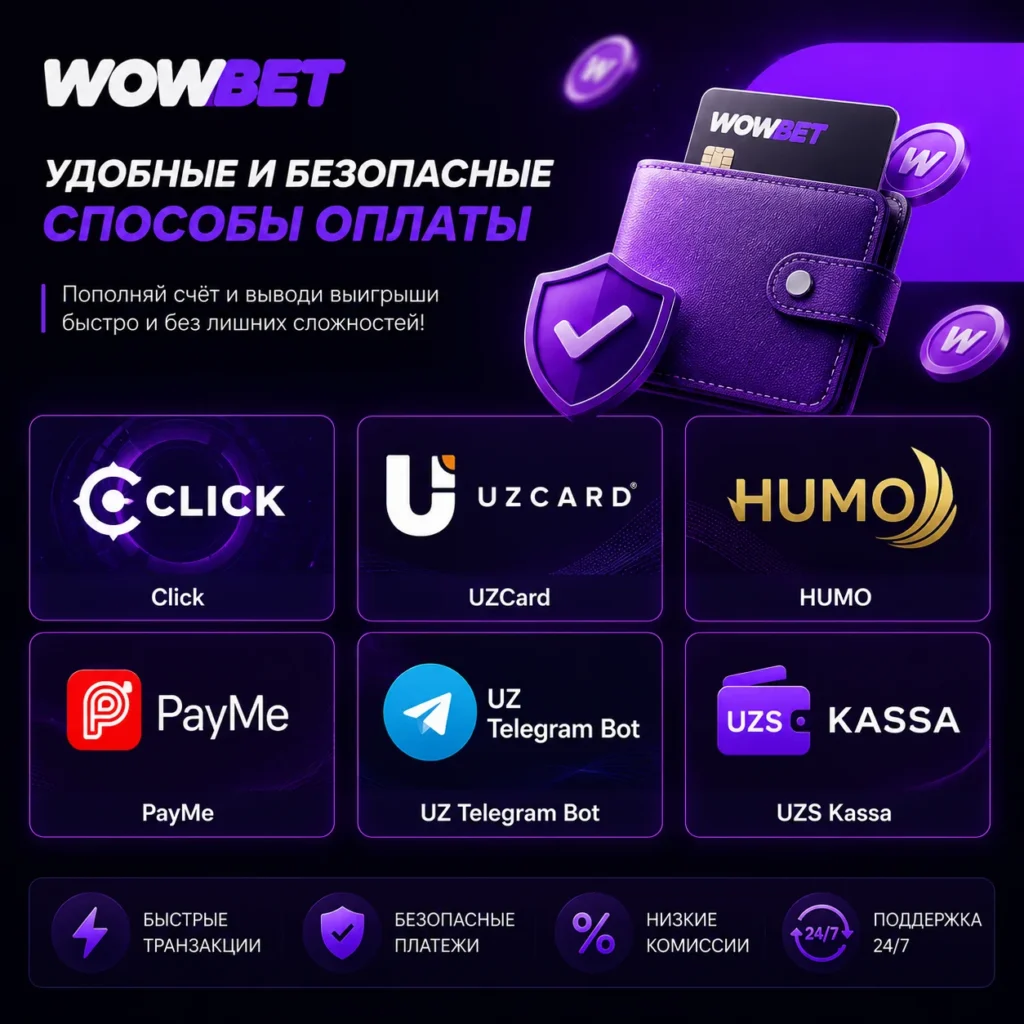 Платёжные методы WOWBET: Click, UZCard, HUMO и PayMe.