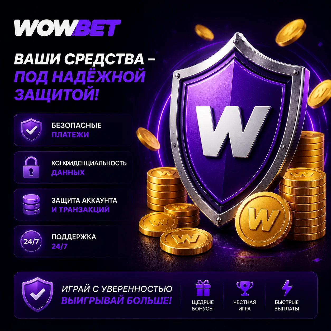 Щит безопасности и монеты в WOWBET.